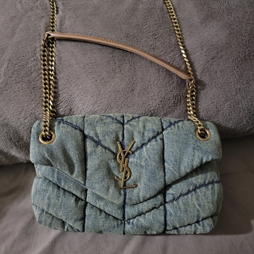 Saint Laurent Blue Quilted Bag with Tan Straps - Picture 2 of 6